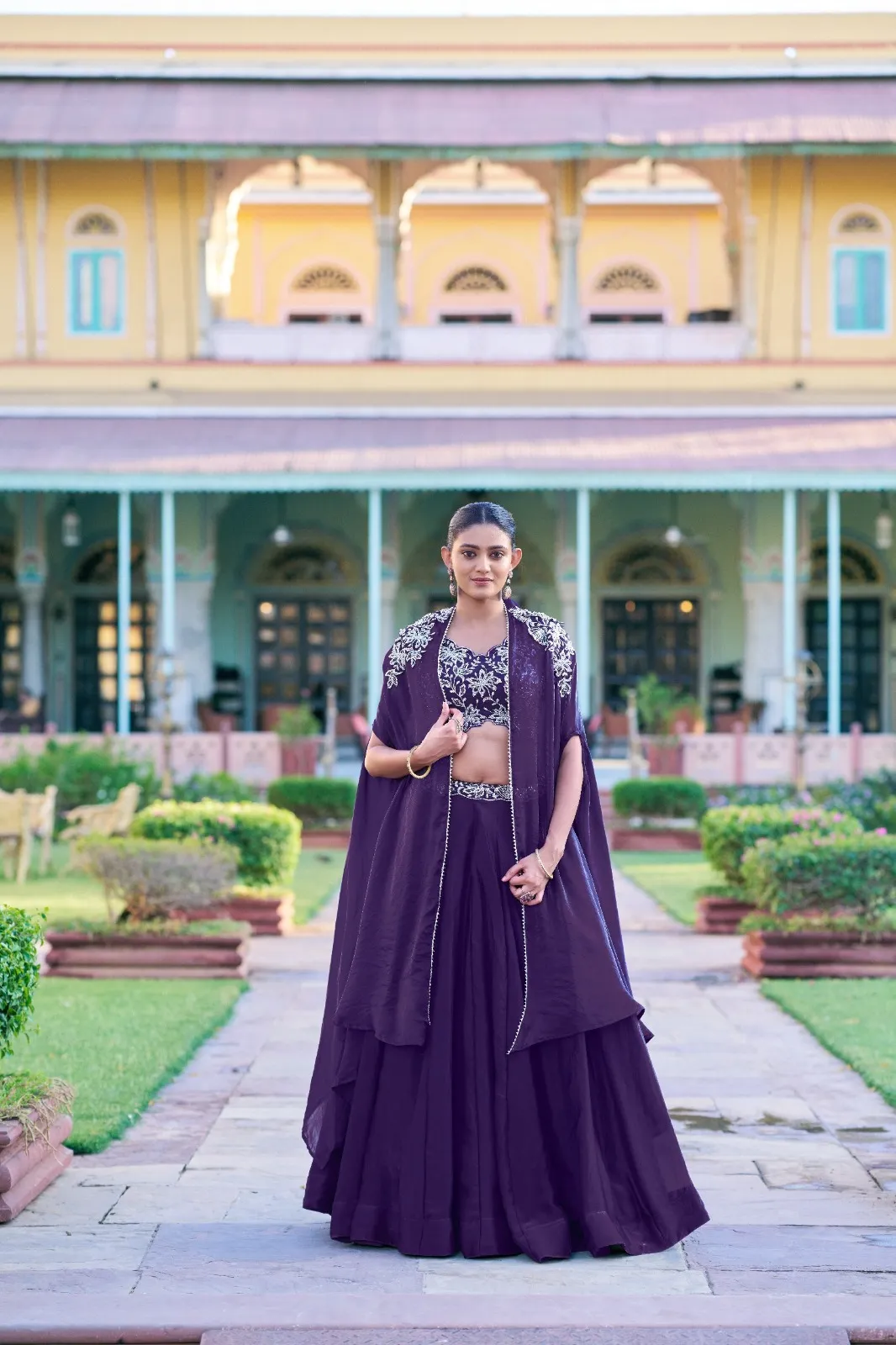 Royal Purple Wedding Wear Lehenga Choli with embroidered shrug, designer Fendi silk lehenga for bridal function and wedding season