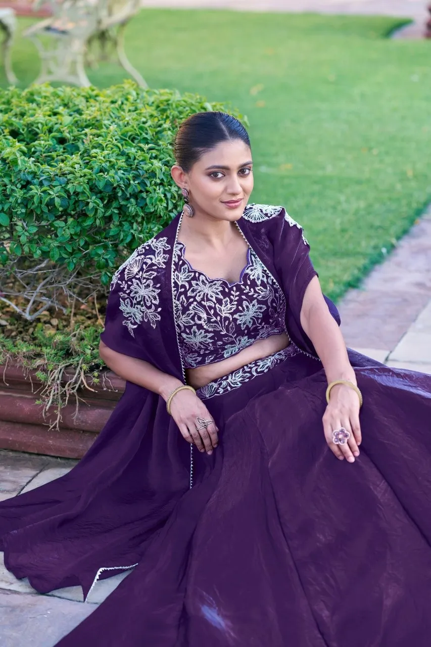 Royal Purple Wedding Wear Lehenga Choli with embroidered shrug, designer Fendi silk lehenga for bridal function and wedding season