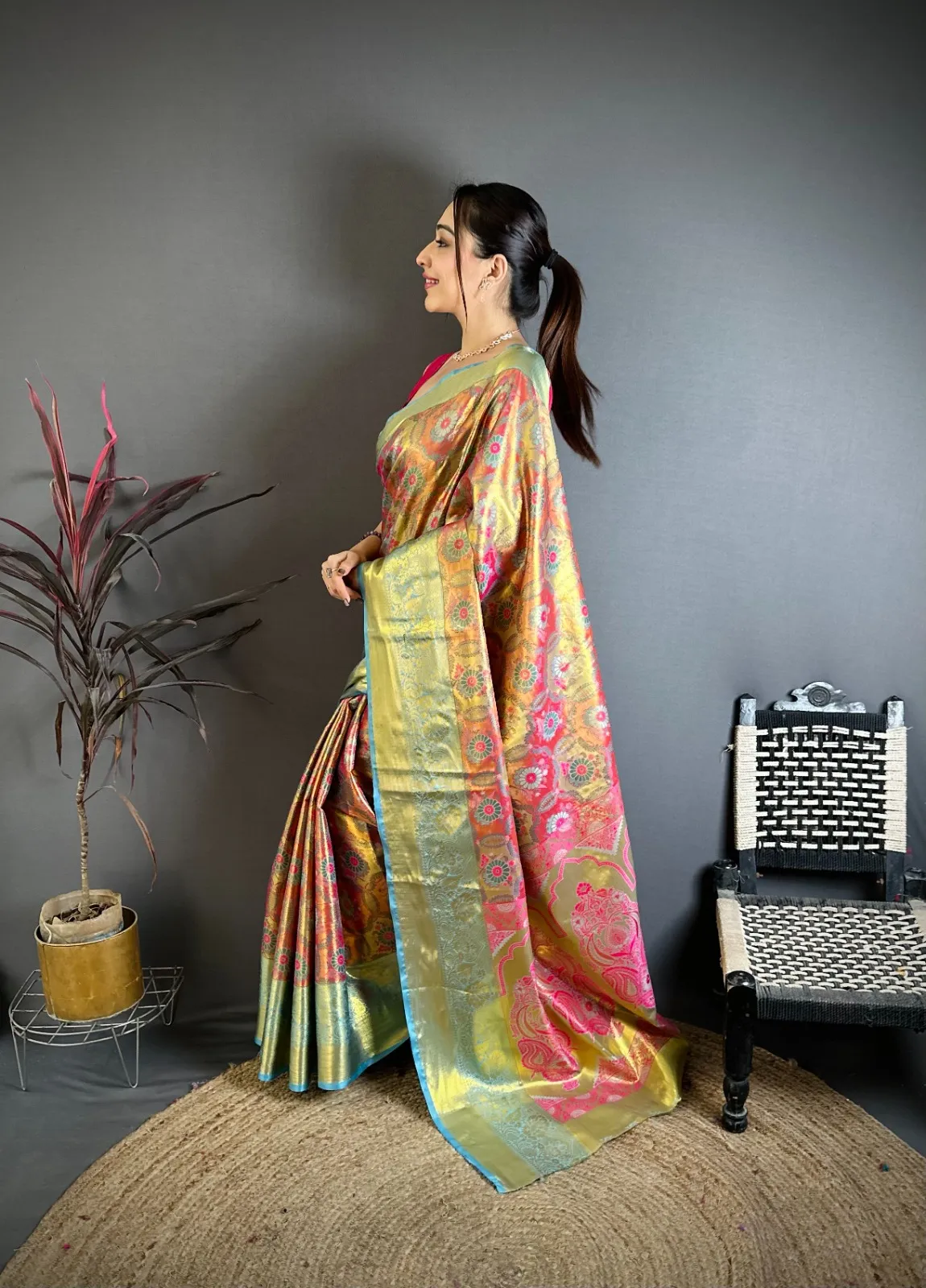 Rust Color Kanjivaram Semi Silk Saree with Zari Border
