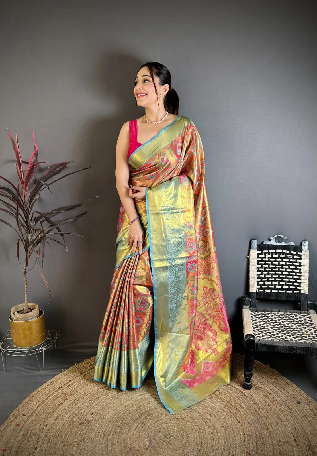 Rust Color Kanjivaram Semi Silk Saree with Zari Border