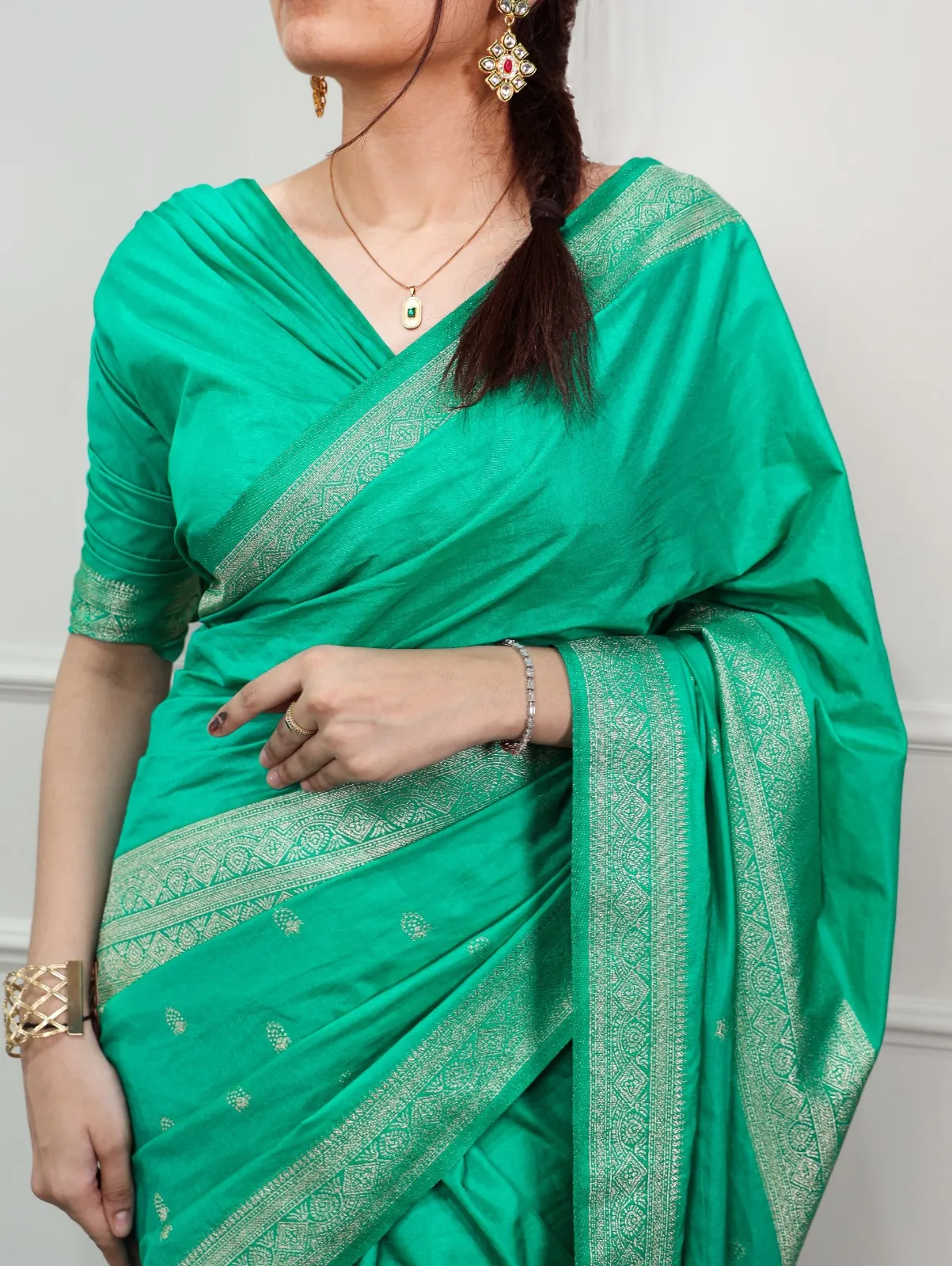 Sea Green Mysore Crepe Saree for Pooja