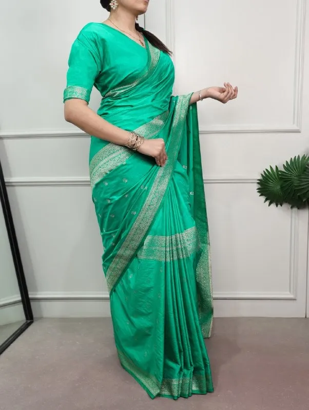 Sea Green Mysore Crepe Saree for Pooja