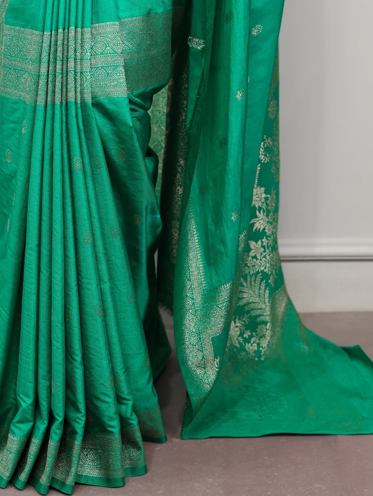 Sea Green Mysore Crepe Saree for Pooja