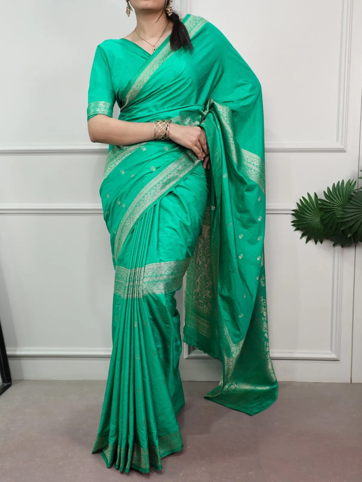 Sea Green Mysore Crepe Saree for Pooja