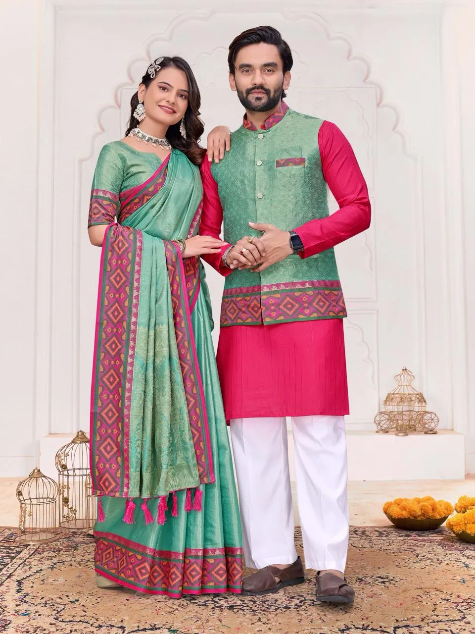 Shreevalli Couple Combo unstitched saree with kurta set matching festive ethnic wear for couples