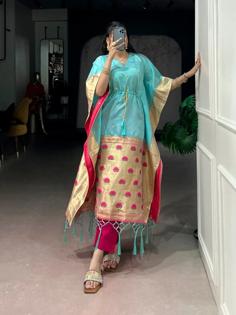 Sky Blue Fancy Jacquard Kaftan in Paithani fabric with zari weaving work stylish ethnic wear