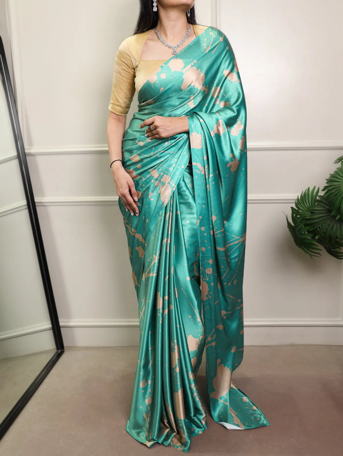 Sky Blue Satin Printed Saree
