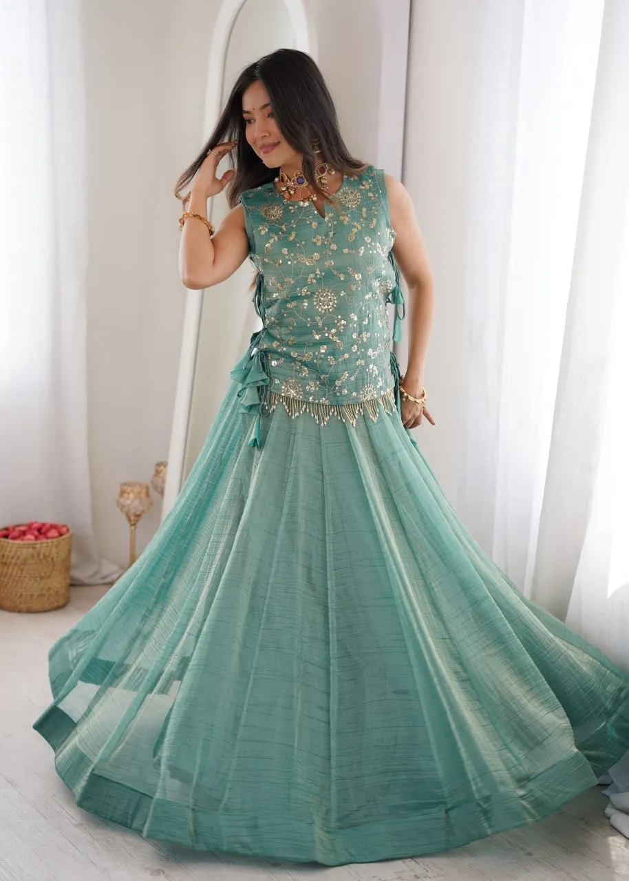 Sky Blue Wedding Lehenga with long koti Blouse