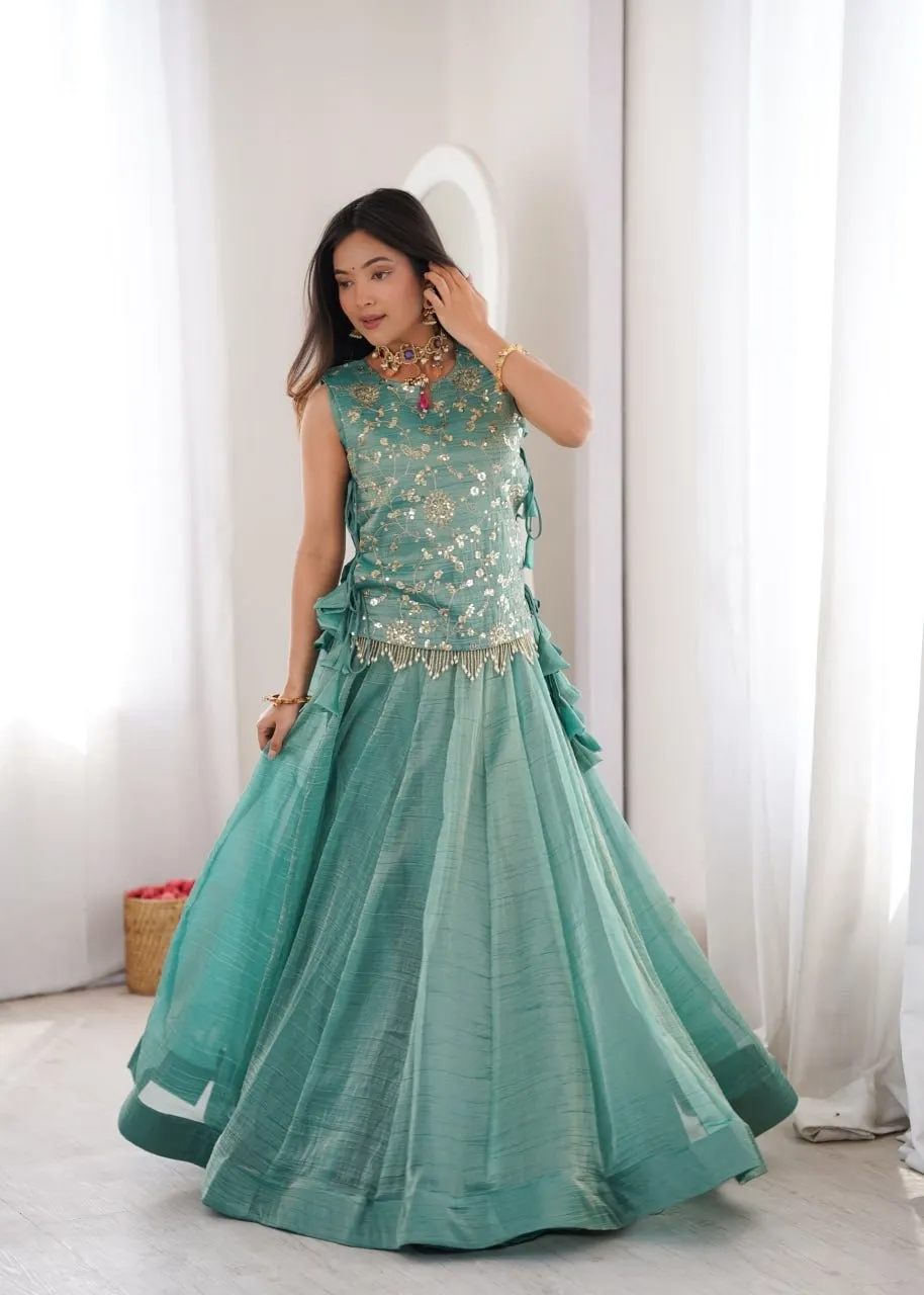 Sky Blue Wedding Lehenga with long koti Blouse