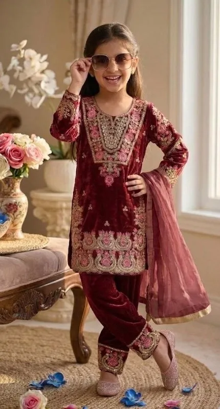 Small girl kid Farshi salwar suit with heavy embroidery work and dupatta for festive wear