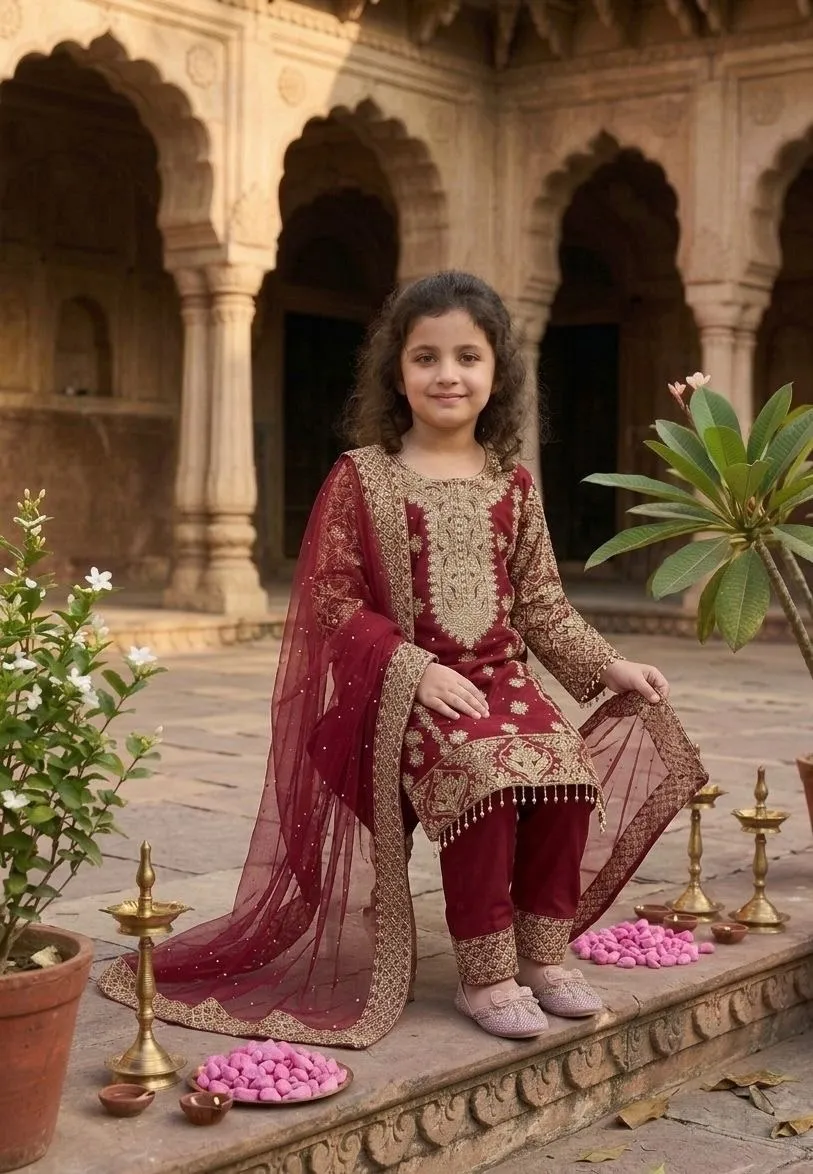 Small kids wear Pakistani straight suit with embroidery work and matching dupatta for girls