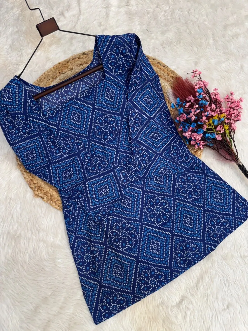 Summer Wear Blue Bandhej Printed kurti Bottom