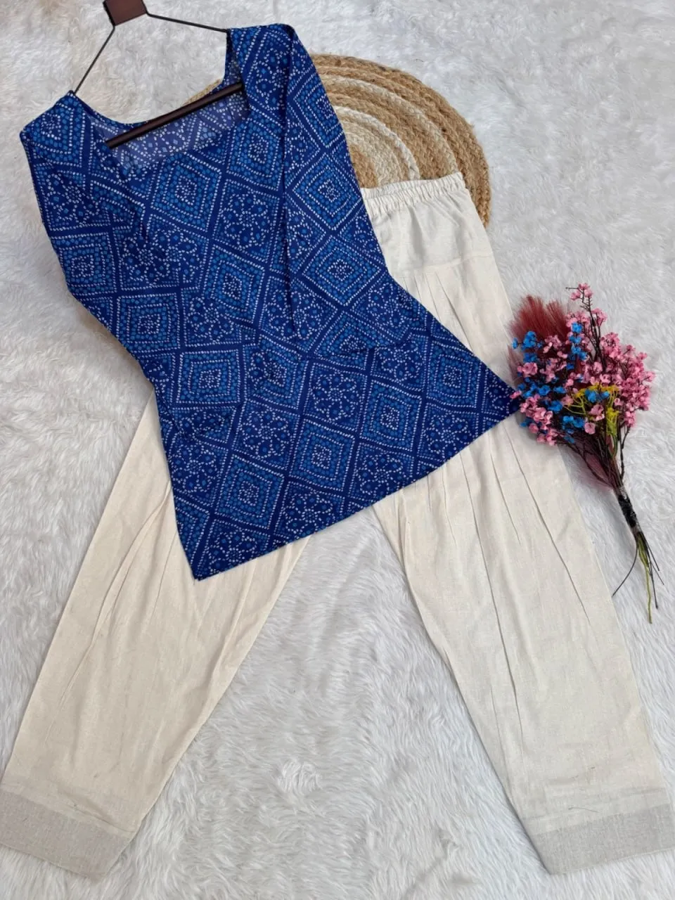 Summer Wear Blue Bandhej Printed kurti Bottom