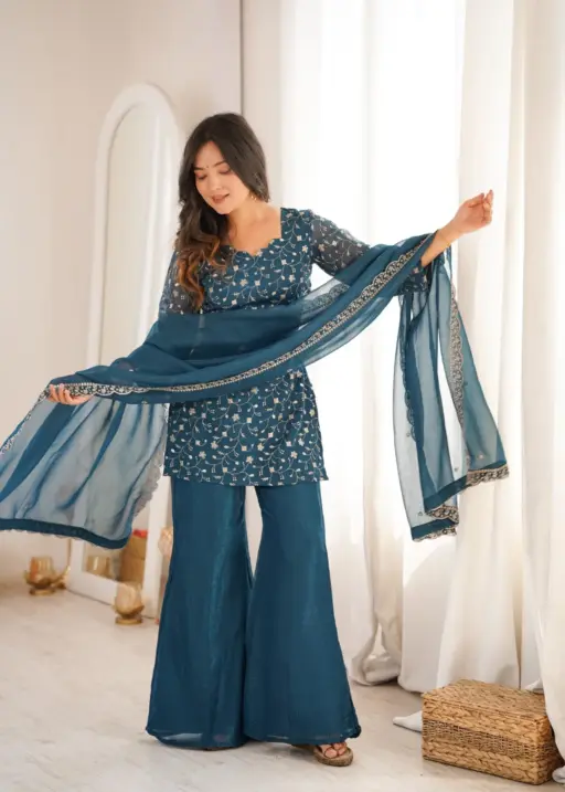 Teal Ladies Bell Bottom Pattern Embroidery Suit with Dupatta for Women