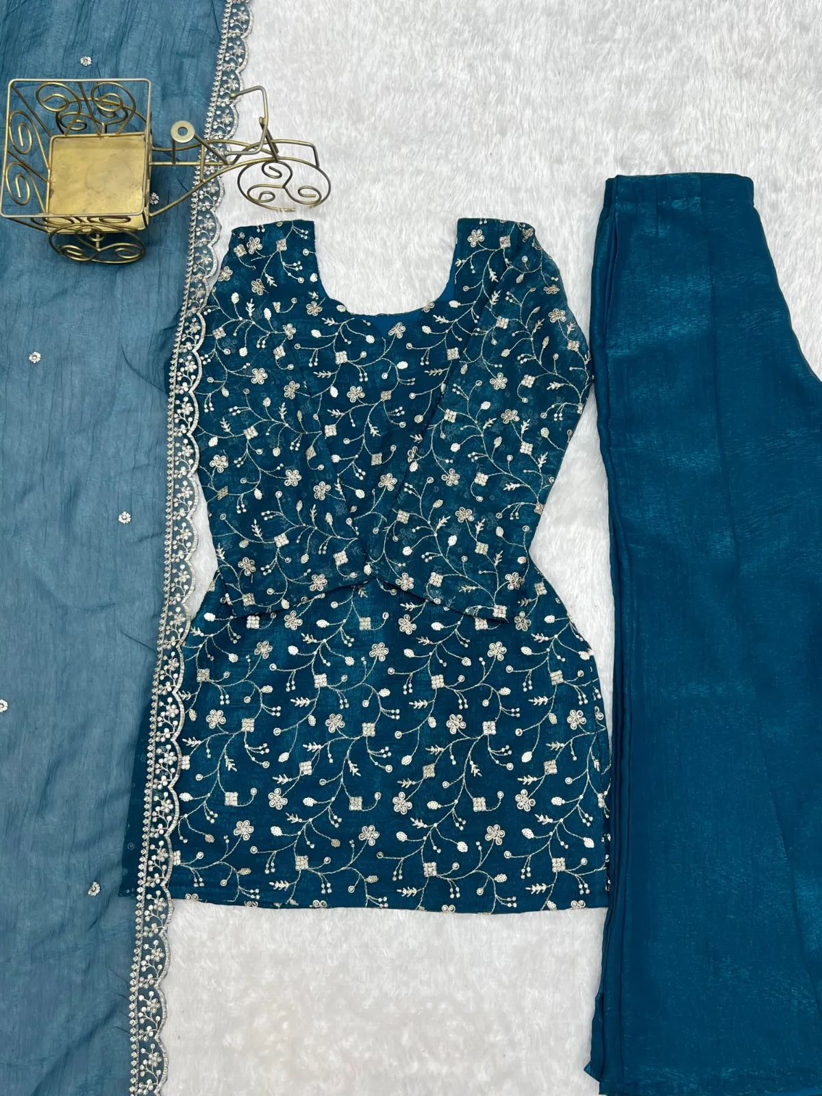 Teal Ladies Bell Bottom Pattern Embroidery Suit