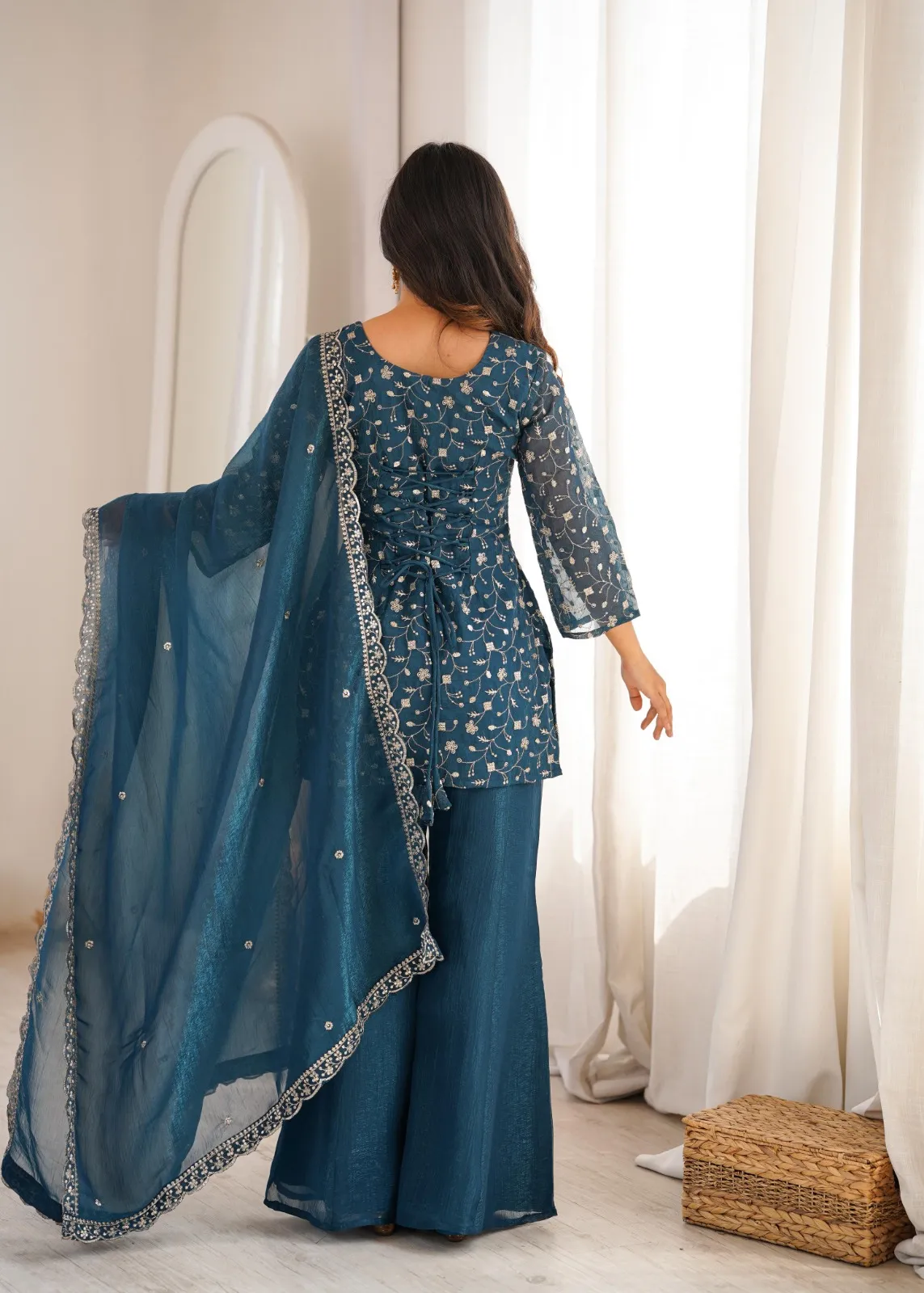 Teal Ladies Bell Bottom Pattern Embroidery Suit