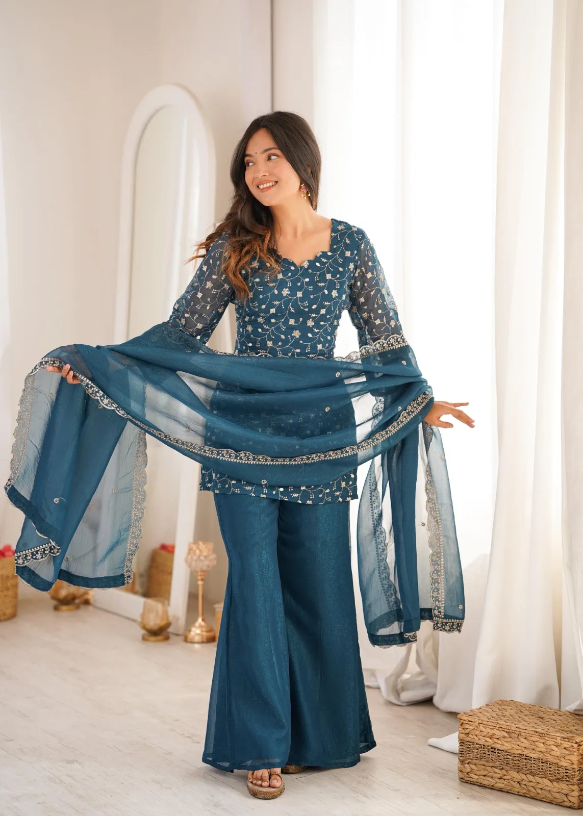 Teal Ladies Bell Bottom Pattern Embroidery Suit