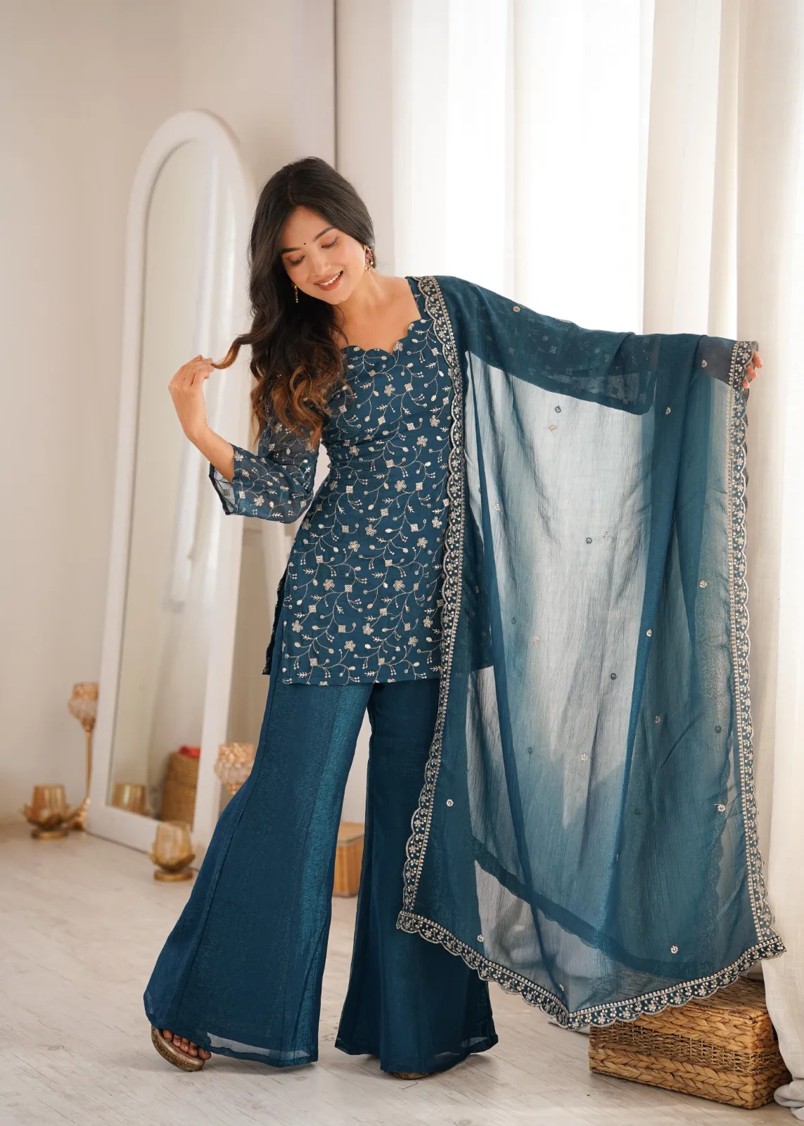 Teal Ladies Bell Bottom Pattern Embroidery Suit