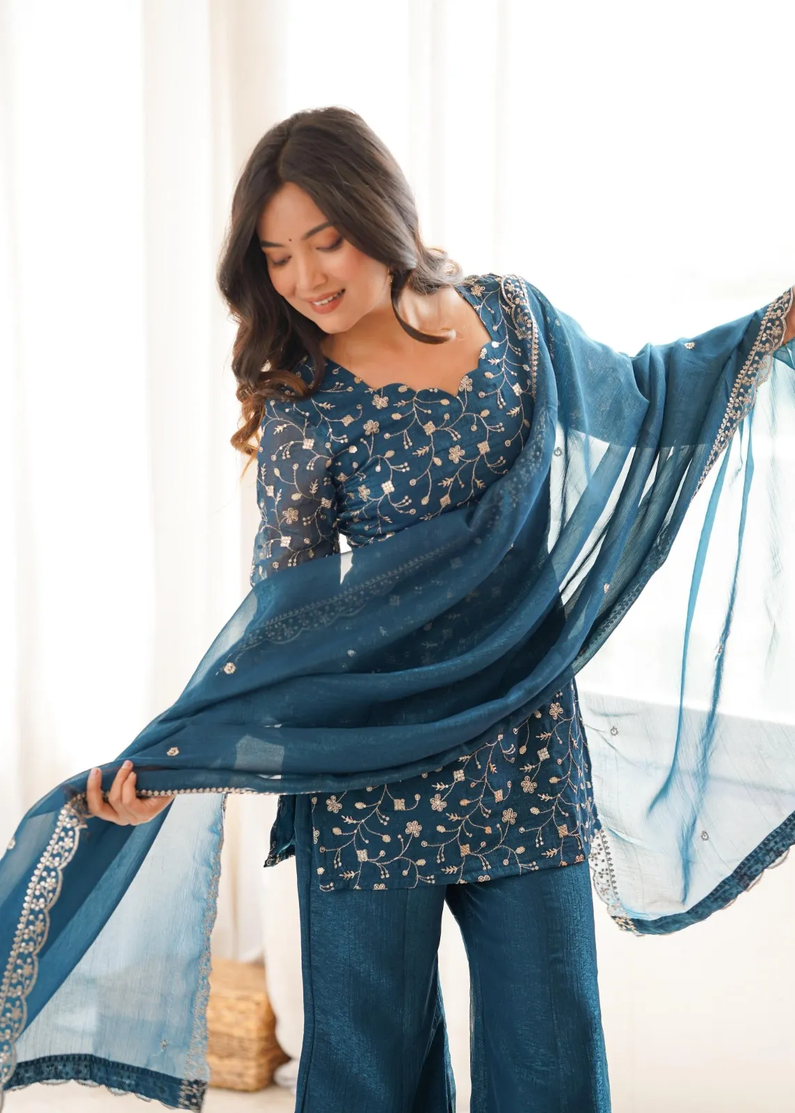 Teal Ladies Bell Bottom Pattern Embroidery Suit