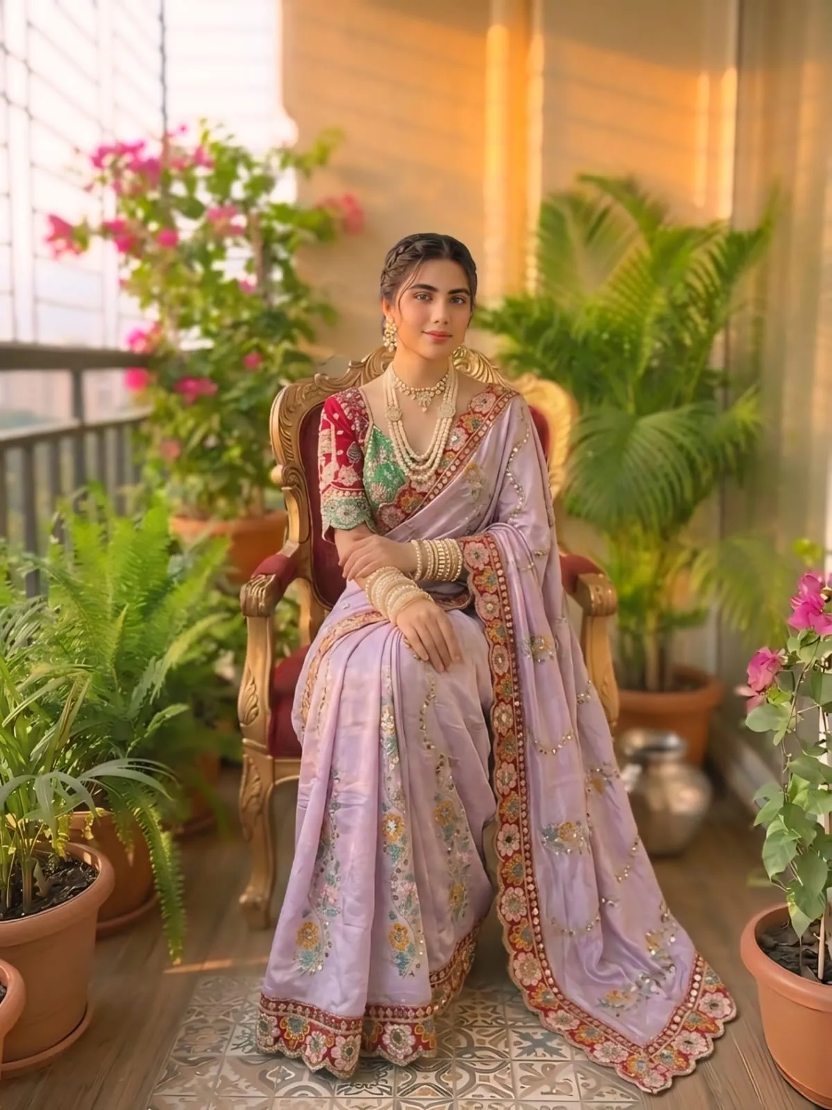 Woman wearing purple wedding saree with stitched embroidered blouse and mirror work border