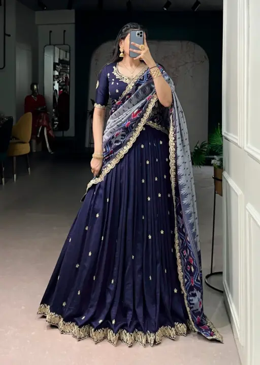 Wedding Special Silk Lehenga with Ikkat Dupatta navy blue designer lehenga choli for wedding wear