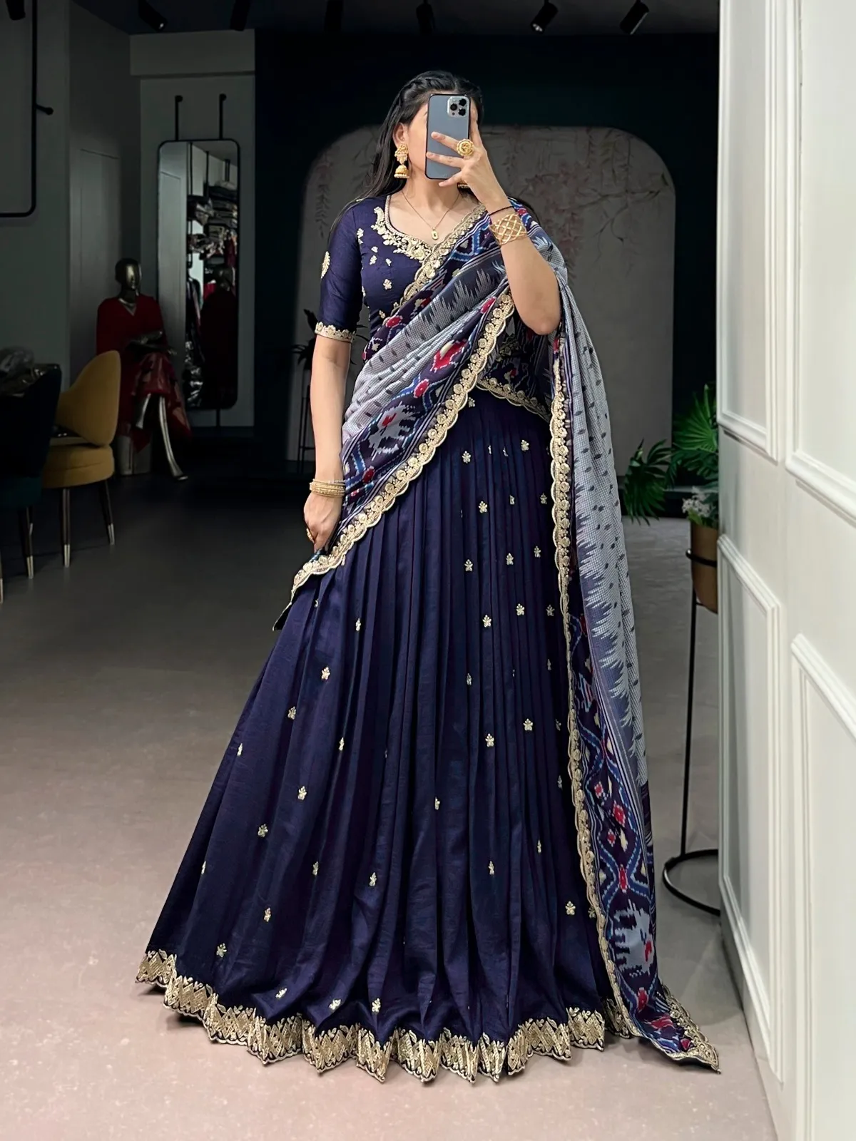 Wedding Special Silk Lehenga with Ikkat Dupatta navy blue designer lehenga choli for wedding wear