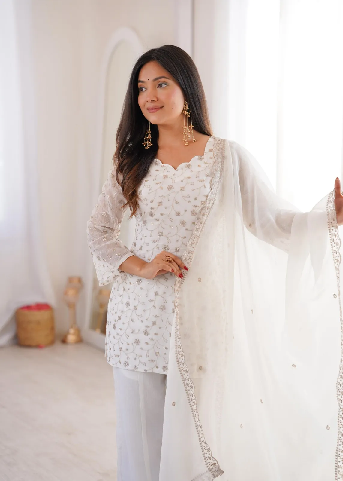 White Bell Bottom Pattern Embroidery Suit