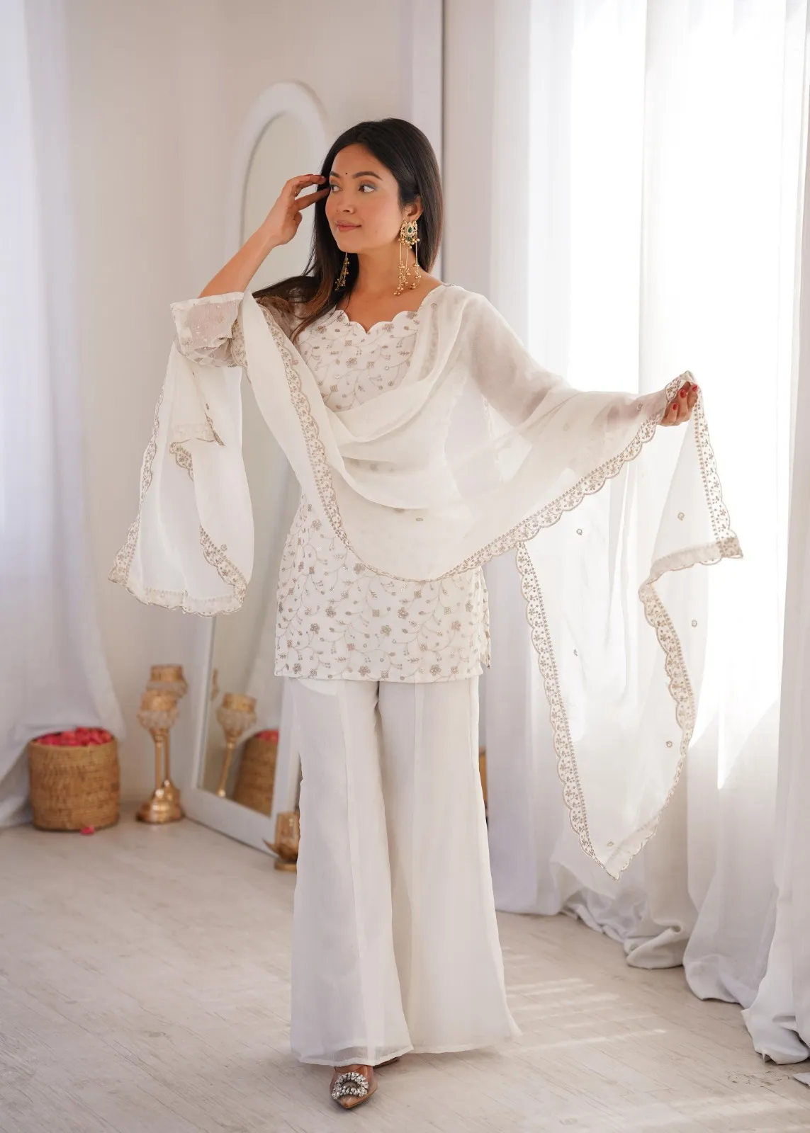 White Bell Bottom Pattern Embroidery Suit