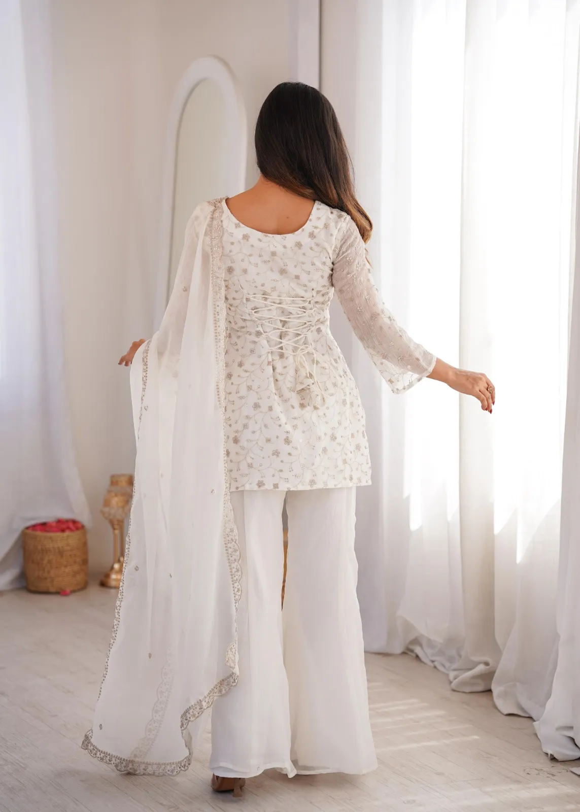 White Bell Bottom Pattern Embroidery Suit
