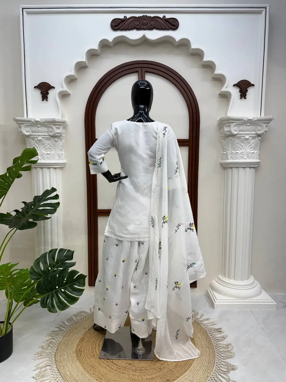White Farsi Salwar Suit with Flower Embroidery