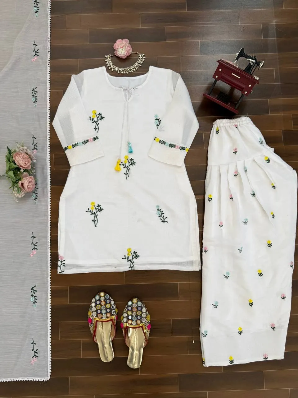 White Farsi Salwar Suit with Flower Embroidery