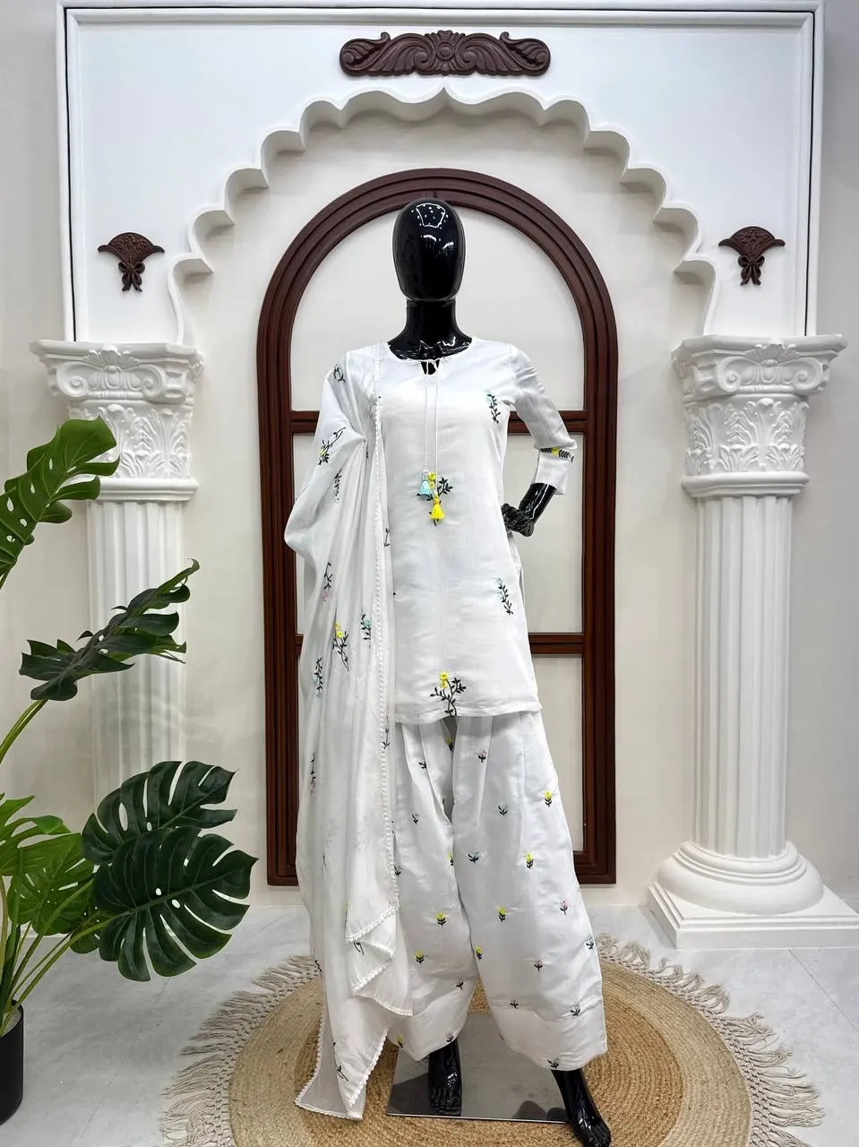 White Farsi Salwar Suit with Flower Embroidery