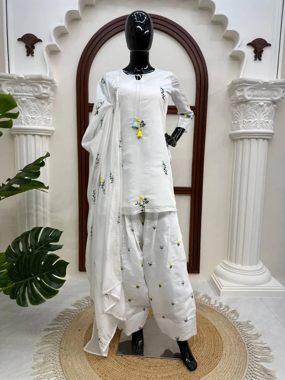 White Farsi Salwar Suit with Flower Embroidery