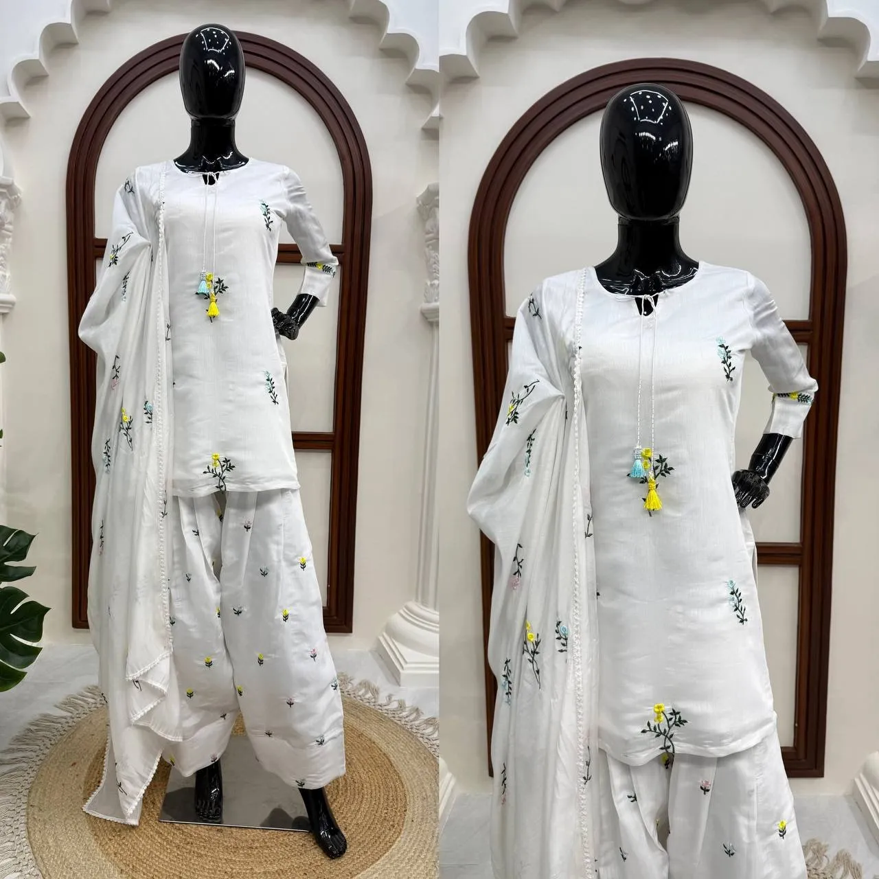 White Farsi Salwar Suit with Flower Embroidery