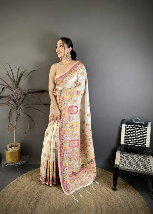White Meenakari Pashmina Kashmiri Saree