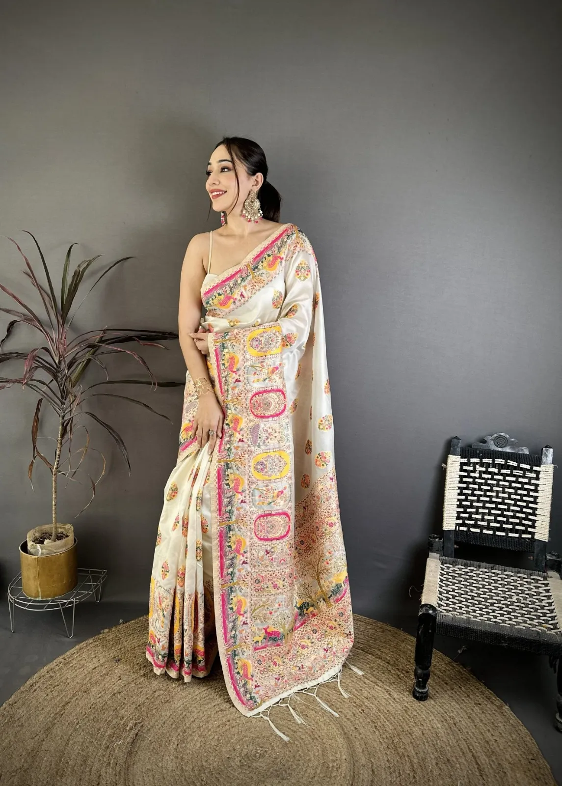 White Meenakari Pashmina Kashmiri Saree