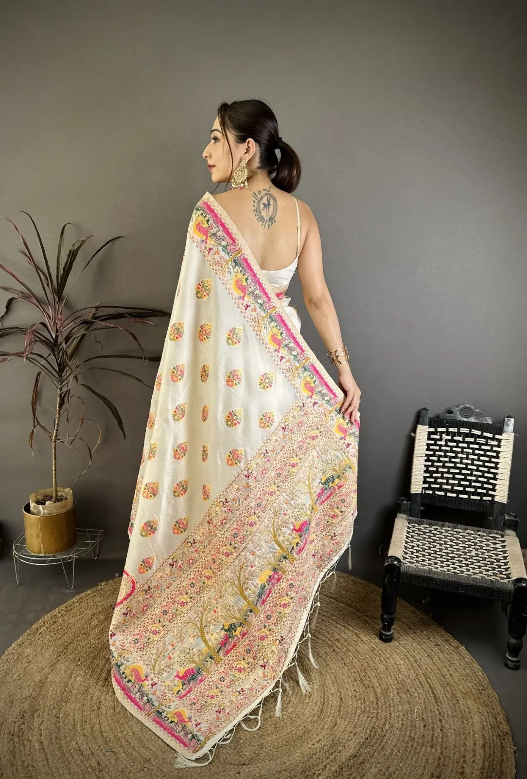 White Meenakari Pashmina Kashmiri Saree