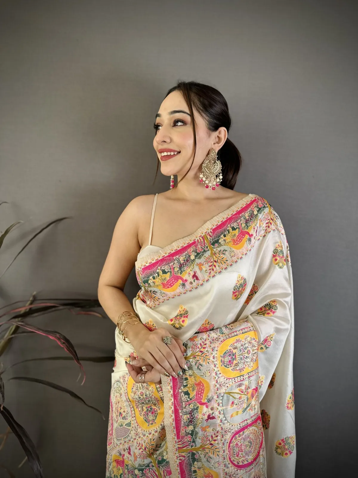 White Meenakari Pashmina Kashmiri Saree