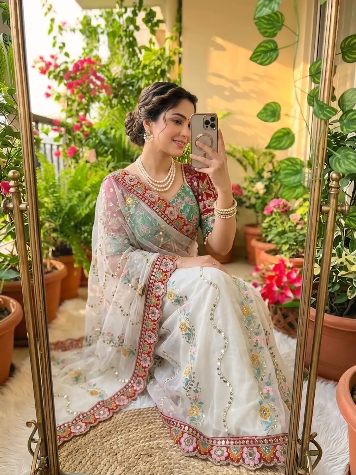 White Wedding Saree Multi Color Embroidery with Stitched Blouse