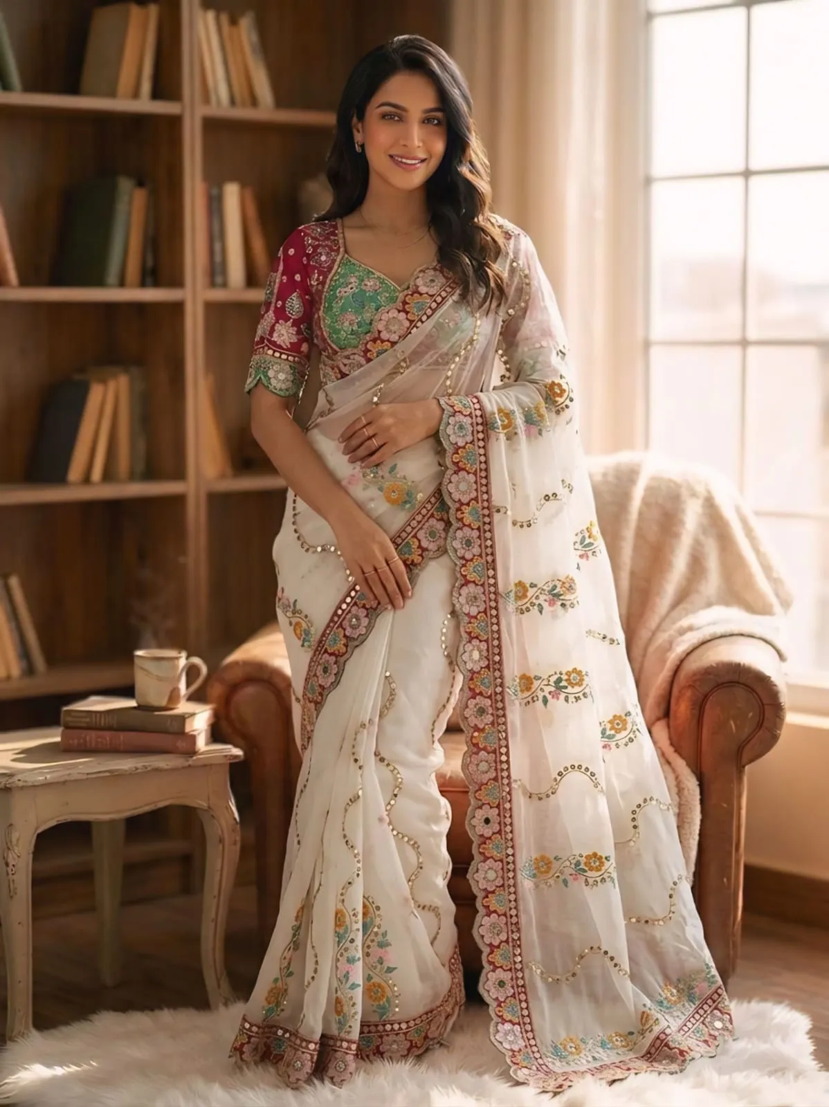 White Wedding Saree Multi Color Embroidery with Stitched Blouse
