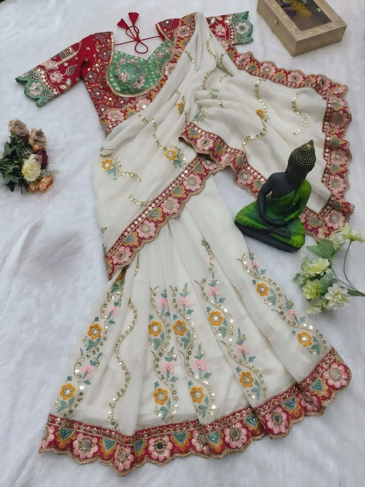 White Wedding Saree Multi Color Embroidery with Stitched Blouse