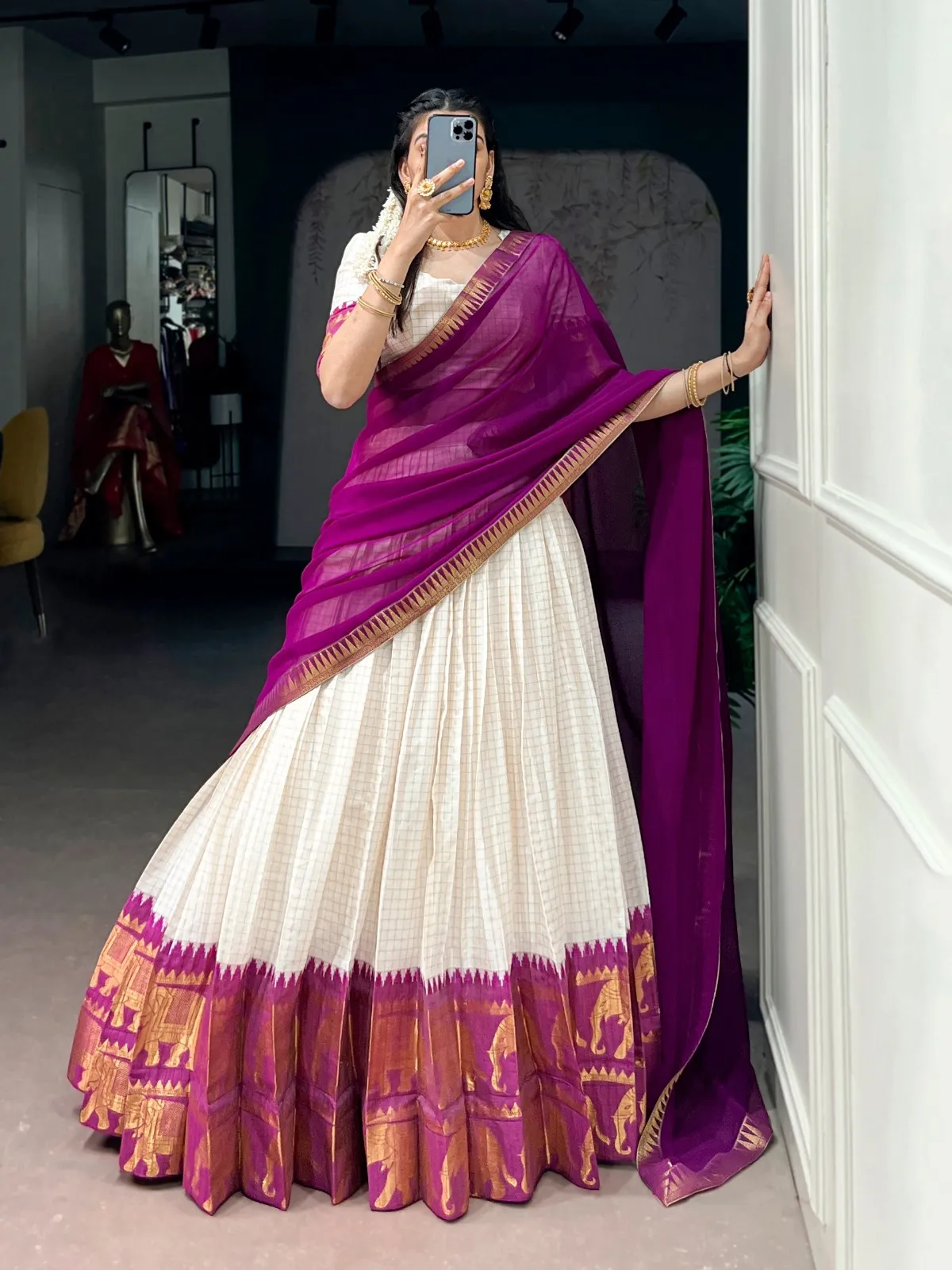 Wine Color Half Saree Festive Wear