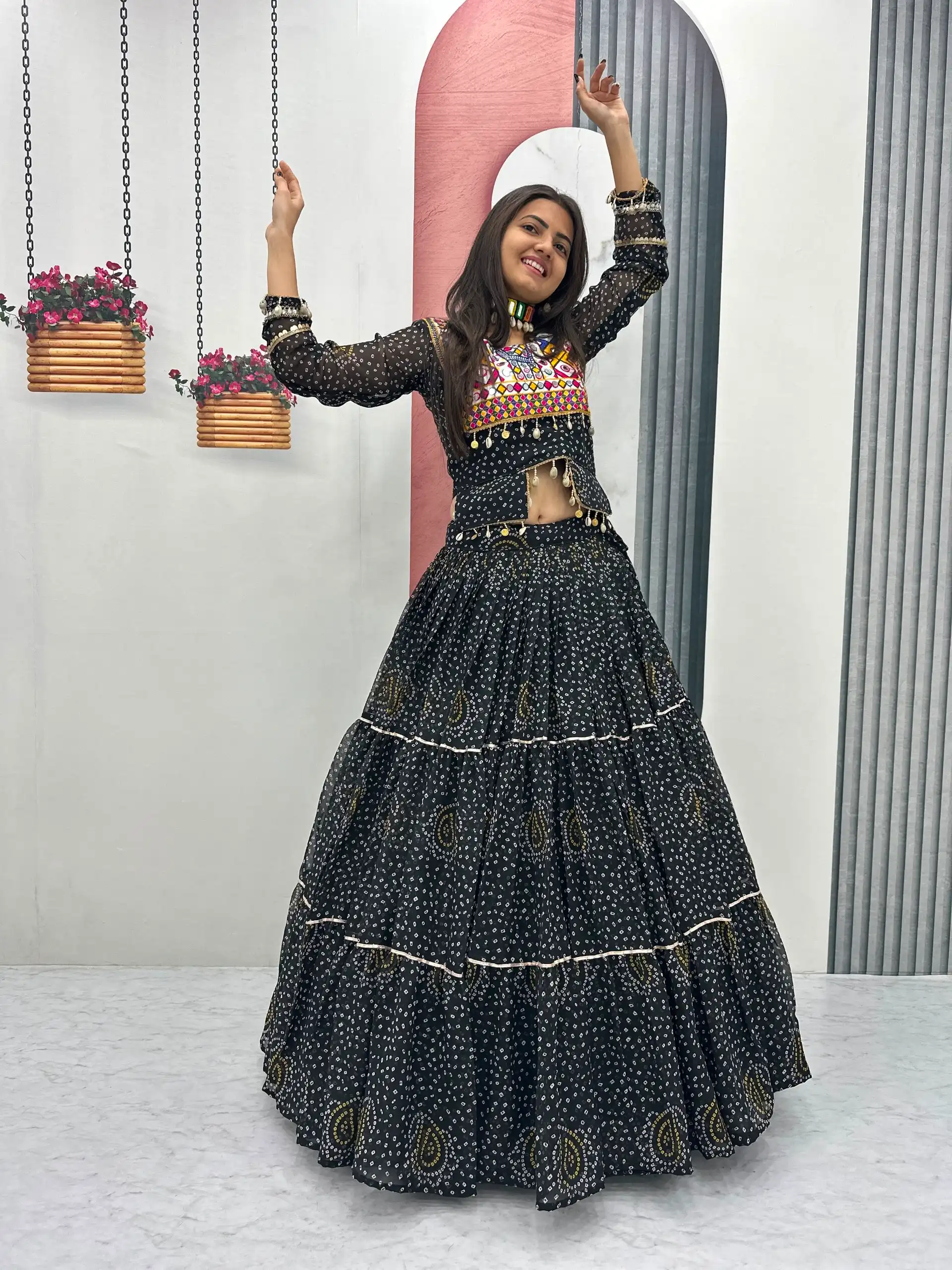 Bandhni Printed Lehenga Choli Co ord Set Black Color