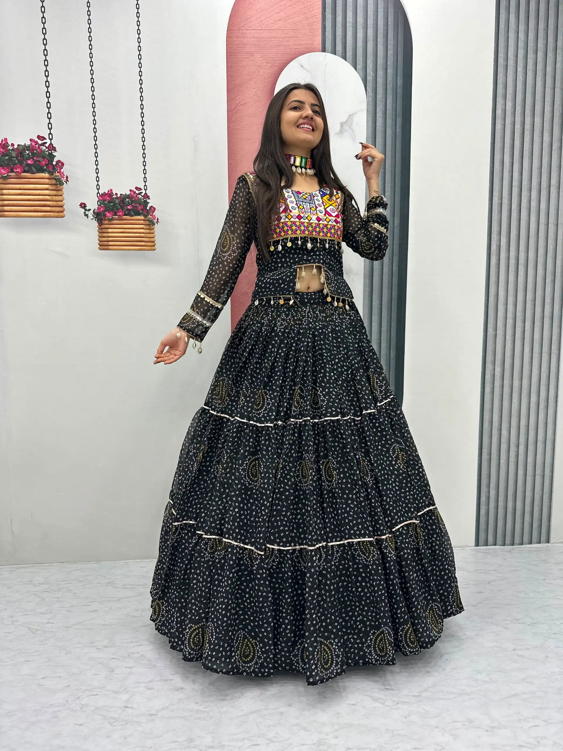 Bandhni Printed Lehenga Choli Co ord Set Black Color