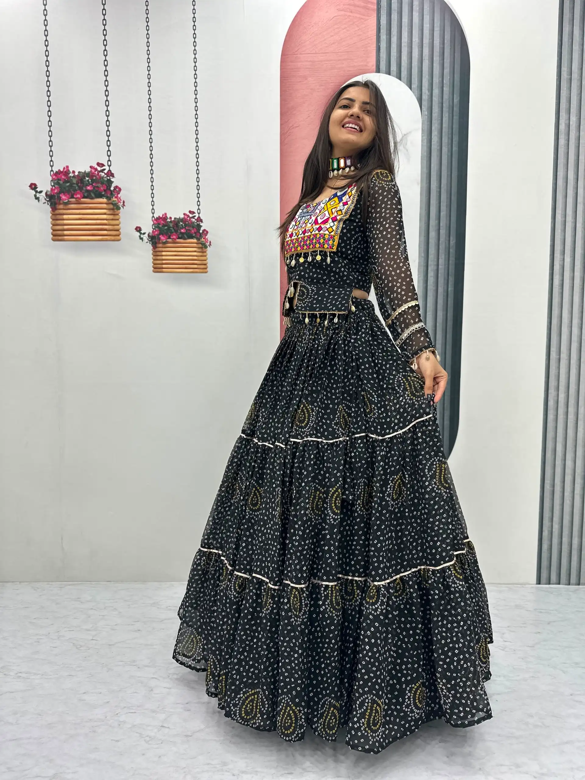Bandhni Printed Lehenga Choli Co ord Set Black Color