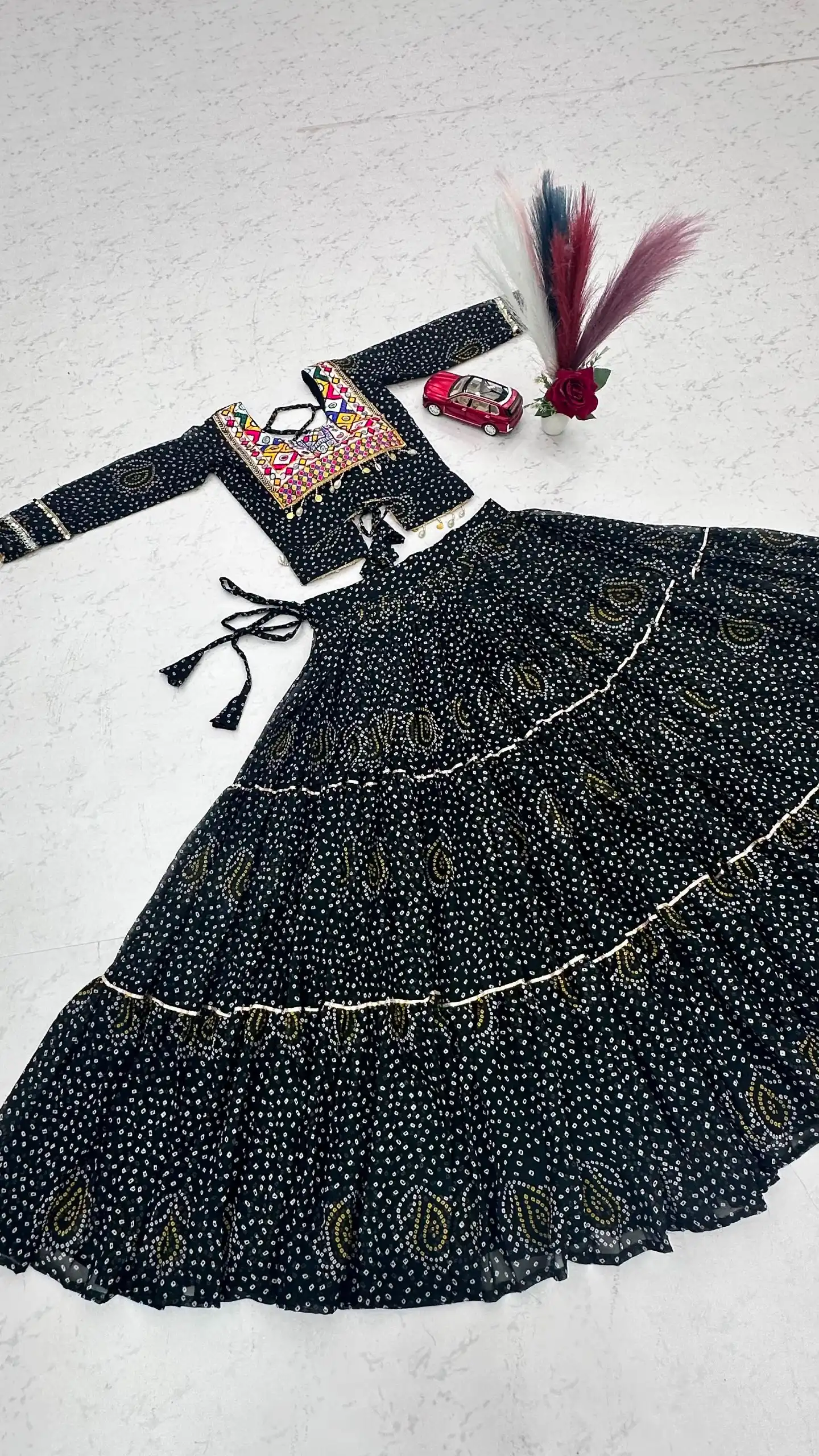 Bandhni Printed Lehenga Choli Co ord Set Black Color