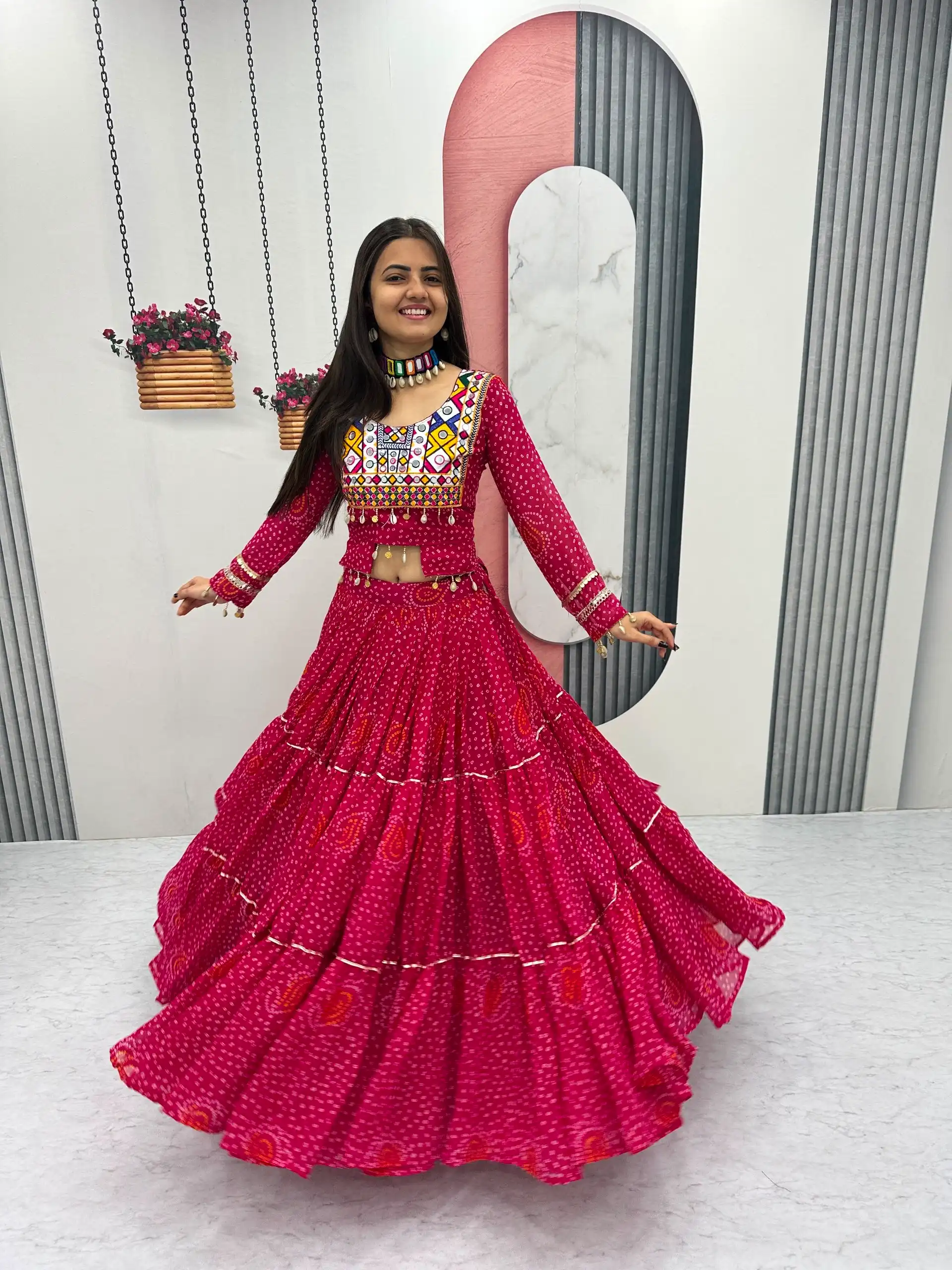 Bandhni Printed Lehenga Choli Co ord Set Red Color