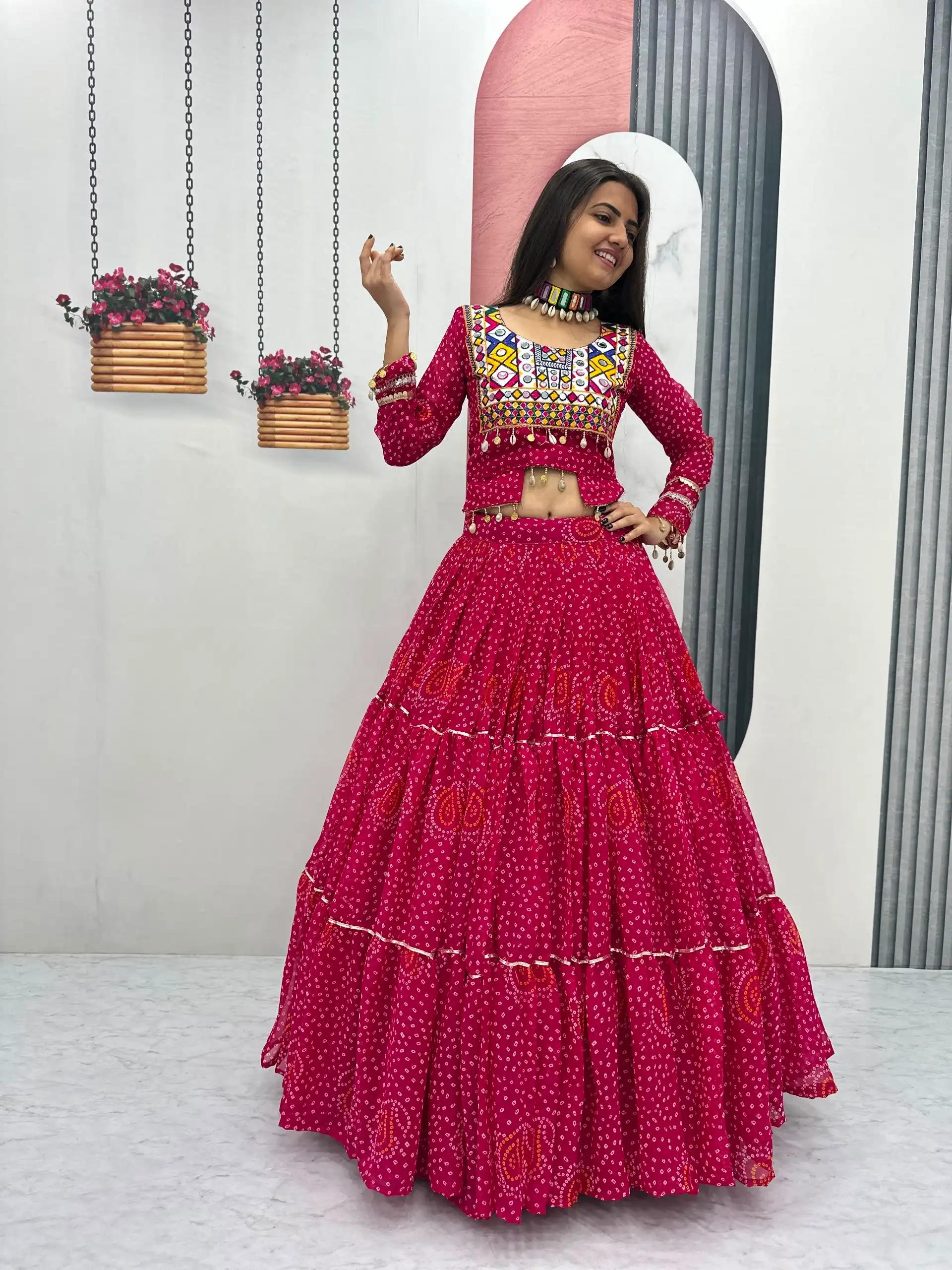 Bandhni Printed Lehenga Choli Co ord Set Red Color