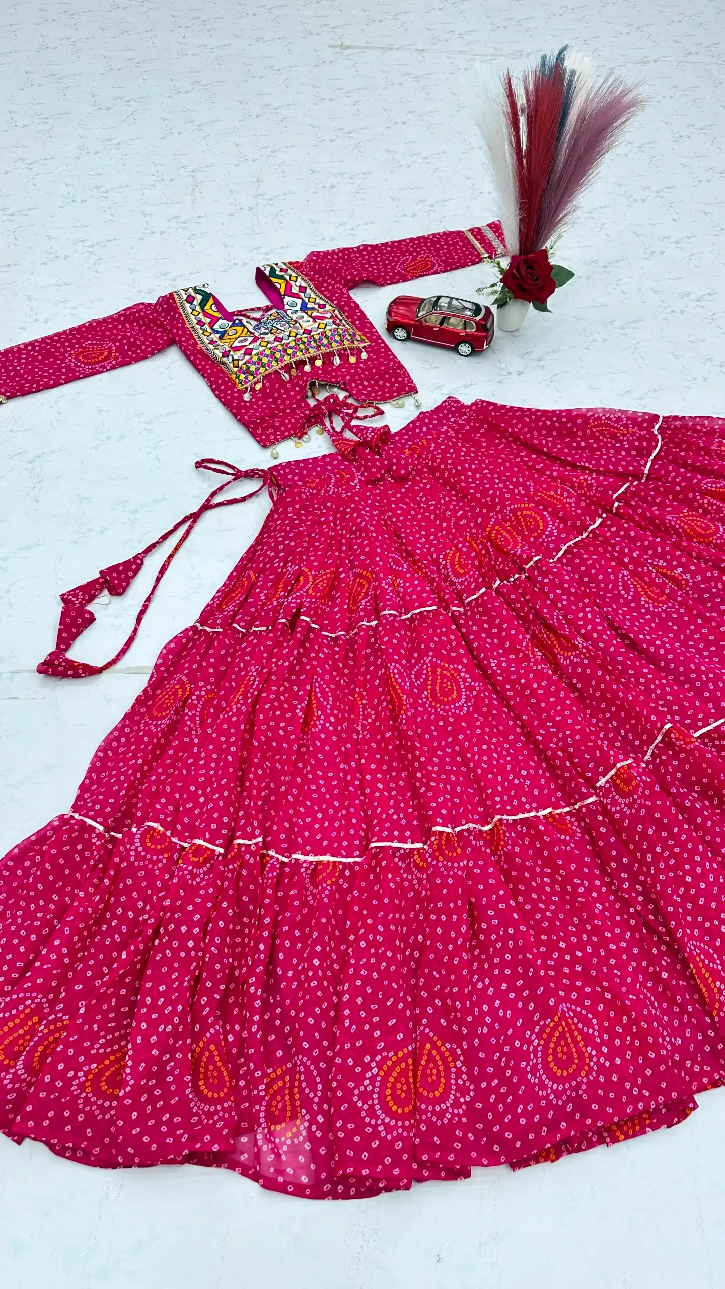 Bandhni Printed Lehenga Choli Co ord Set Red Color
