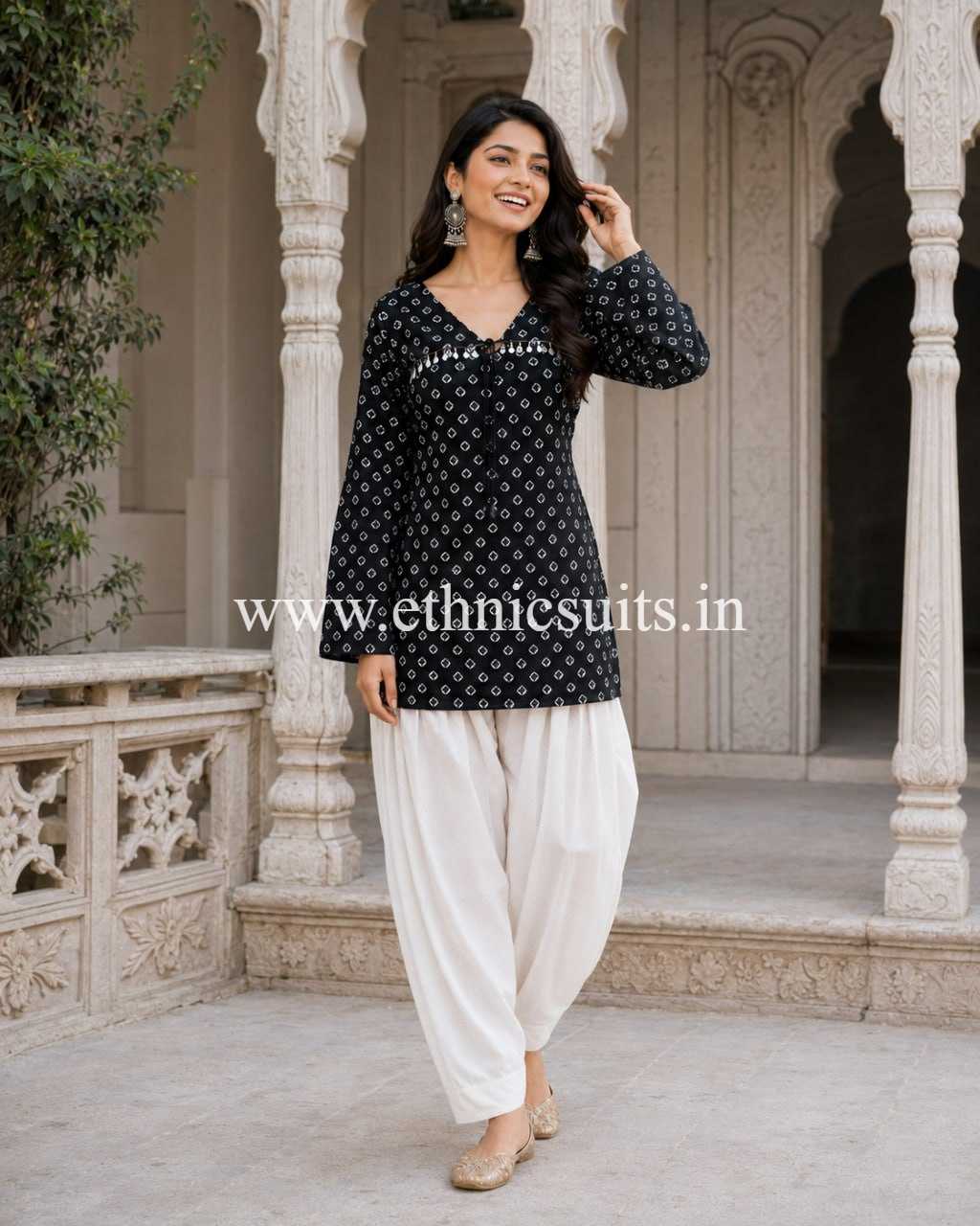 Black Bandhni Printed Short Kurta with Blouse and Bottom